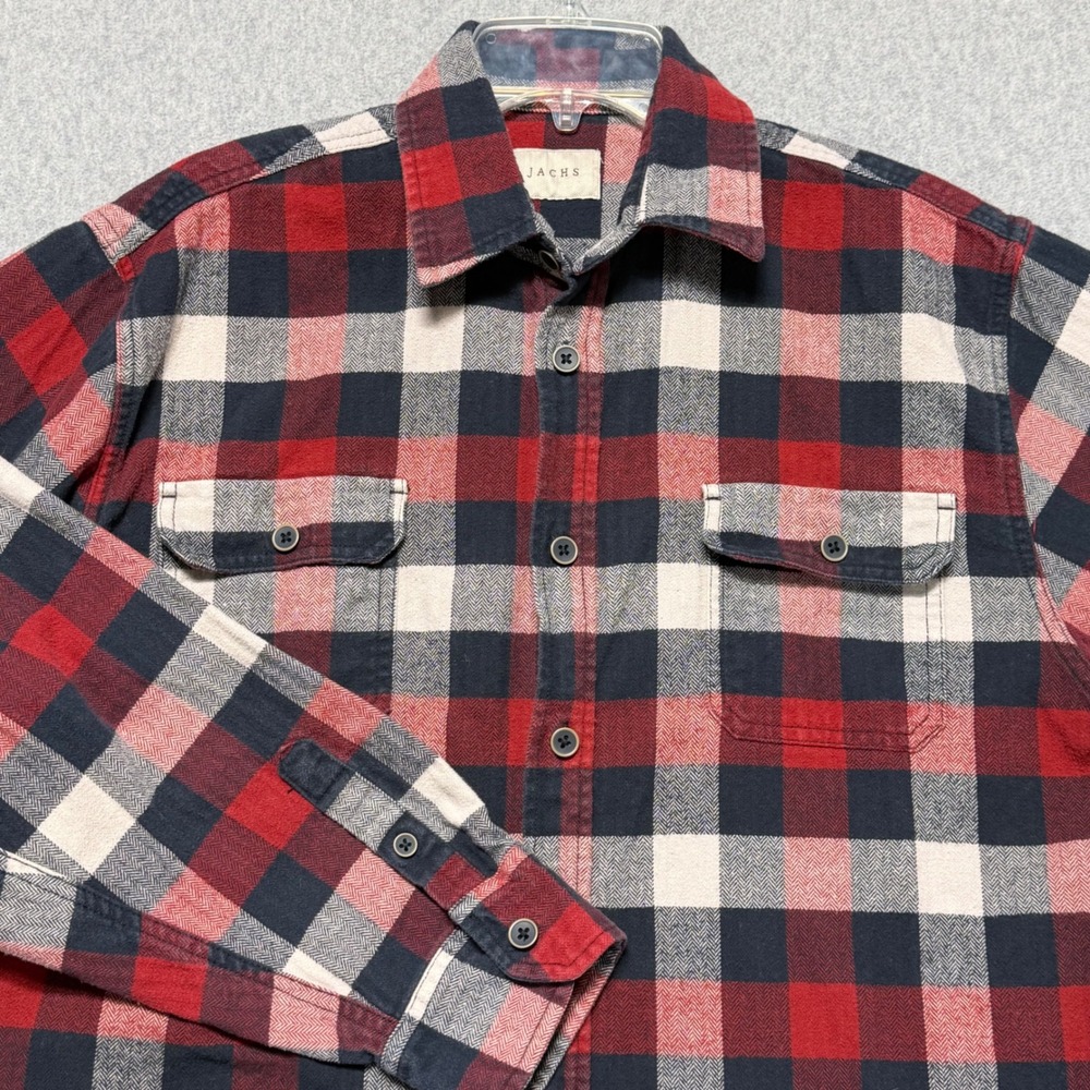Jachs NY Mens Flannel Shirt Large Red Navy Blue Plaid Herringbone Button Down